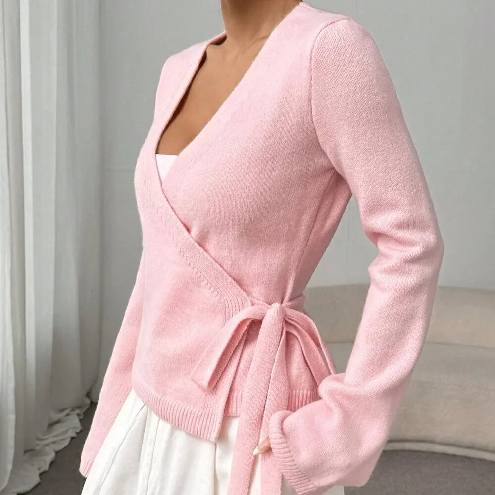 Pink Casual Women's Loose Tie-Front Long Sleeve Cardigan Tops